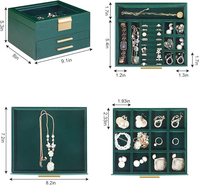 Somduy Jewelry Box Organizer for Women,3 Layers PU Leather Jewelry Storage Display Box with Glass Lid,Gift for people,3 Drawers,Large Capacity for Necklace Earrings Bracelets Rings, Dark Green - Image 4