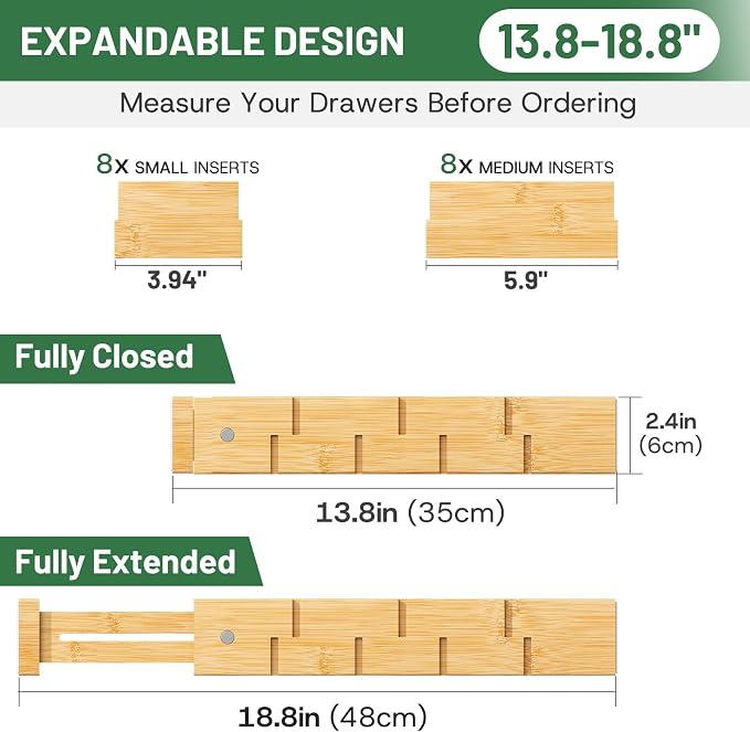 kiplant Kitchen Drawer Dividers - Adjustable Drawer Organizer for Clothes, Kitchen, Closet & Office - 8 Pack with Inserts, 13.8-18.8 Inches, Non-Slip Silicone Ends - Image 2