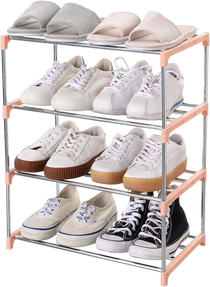 Jucaifu Stackable Small Shoe Rack, Entryway, Hallway and Closet Space Saving Storage and Organization (4-Tier, Pink) by Jucaifu
