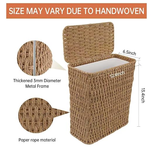 Coeusy 3 Gallon Paper Rope Bathroom Trash Can,Small Wicker Trash Cans with Lid and Liner,Woven Rattan Narrow Waste Basket for Bedroom,Office,Natural - Image 3