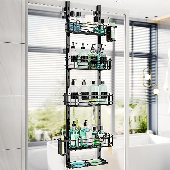 HapiRm 5 Tier Over the Door Shower Caddy, Hanging Shower Caddy with 28 Hooks and 2 Toothbrush Holders, No Drilling Adjustable Hanging Bathroom Organizer - Black by HapiRm