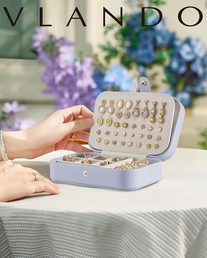 VLANDO Travel Jewelry Case for Women Girls Mothers, PU Leather Portable Small Jewelry Box for Rings, Necklaces, Bracelets, Earring Holder Organizer Storage for Travel Gifts Bridesmaid Gifts - Purple - Image 9