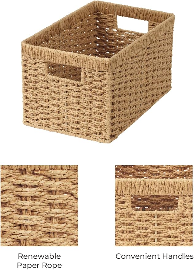 StorageWorks Round Paper Rope Storage Baskets, Rectangular Wicker Baskets with Built-in Handles, Medium, 13 ¼ x 8 ½ x 7 ¼ inches, 2-Pack - Image 3