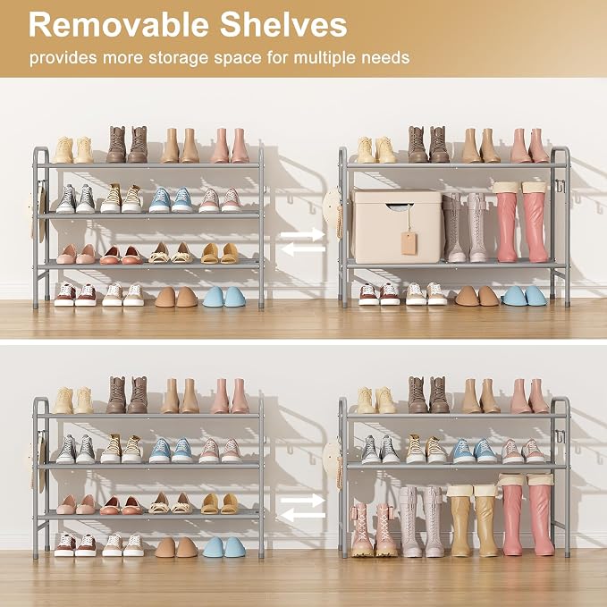 VILICK 3 Tier Shoe Rack 33" Wide Metal Shoe Organizer Long Shoe Storage with 4 Side Hooks Sturdy Shoes Shelf for Front Door Entrance, Closet, Garage, Dorm, Grey - Image 6