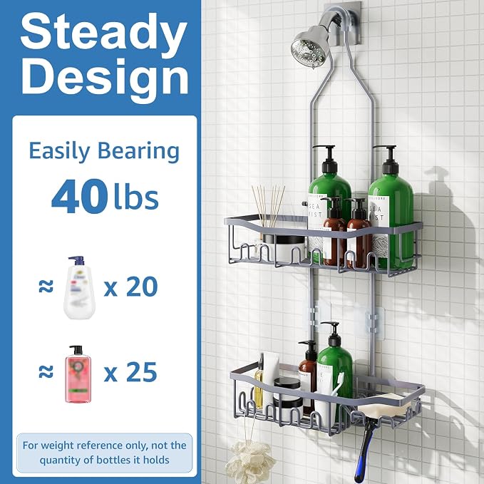 Shower Caddy, Upgraded Extended Length Shower Caddy Over Showerhead No Blocking to Showerhead, Rustproof Bathroom Organizers and Storage with Hooks Shampoo Soap Holder, Large Hanging Caddy - Image 5