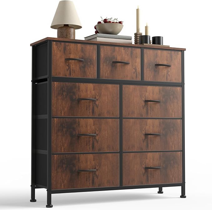Sweetcrispy 9-Drawer Fabric Dresser Storage Tower with Wood Top and Steel Frame, Organizer Chest with Easy Pull Handles for Bedroom, Closet, Hallway,Distressed Brown by Sweetcrispy