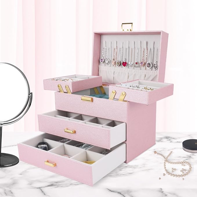 Dajasan Jewelry Organizer Box, Large Jewelry Boxes for Girls, Space-Saving 4 Layers Jewelry Storage Case with Drawer, Gift for Women, Movable Metal Stand, Modern (Pink+ Gold) - Image 6