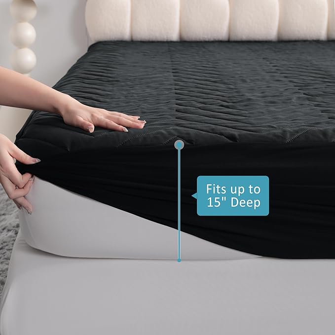 Quilted Waterproof Mattress Protector - King Size 15" Deep Pocket Fitted Sheet, Ultra-Soft Breathable and Machine Washable Mattress Pad Cover - Black