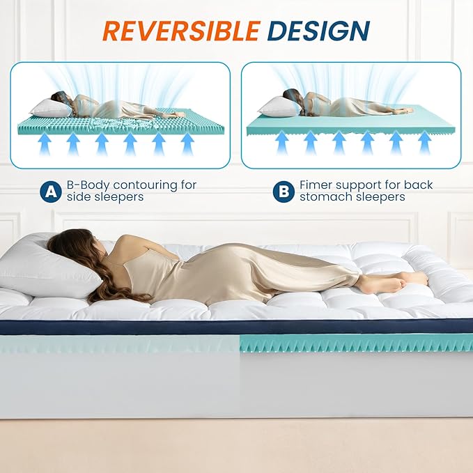 4 Inch Dual Layer Memory Foam Mattress Topper - 2 Inch 1000GSM Fluffy Soft Pillow Top Mattress Pad Cover and 2 Inch Cooling Gel Memory Foam for Back Pain Relief, with 8-21" Deep Pocket(Queen,60"x80")