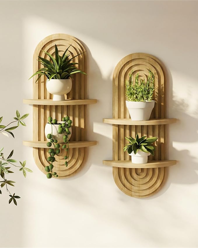 Bamworld Boho Wall Decor 2pcs Plant Wall Shelf, Mid Century Modern Decor Hanging Plant Shelf, 2-Tier Wooden Floating Shelves for Home, Bathroom Bedroom Living Room Holding Planter Decoration Natural by Bamworld