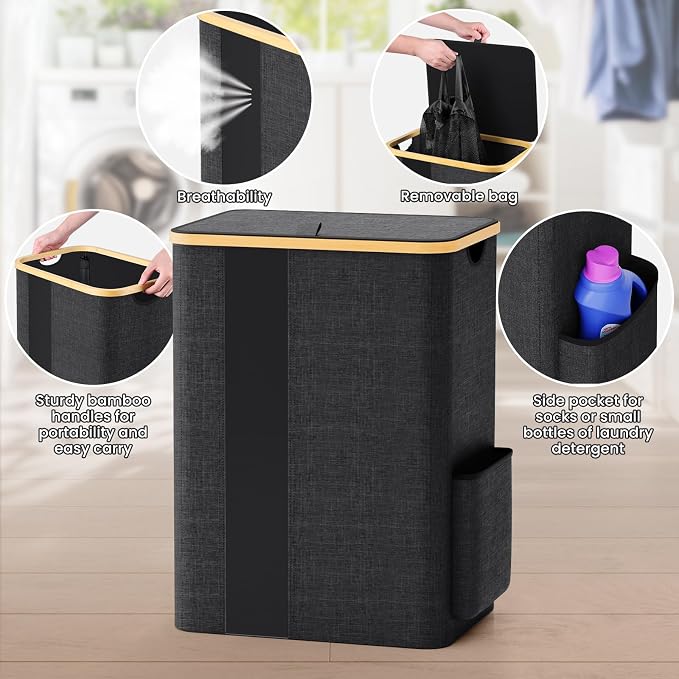 BlissTotes Laundry Basket with Lid, 80L Clothes Laundry Hamper with Handles and Removable Laundry Bag, Breathable Design Hamper with Lid for Bedroom, Bathroom, Dorm, Laundry Room - Dark Grey - Image 3