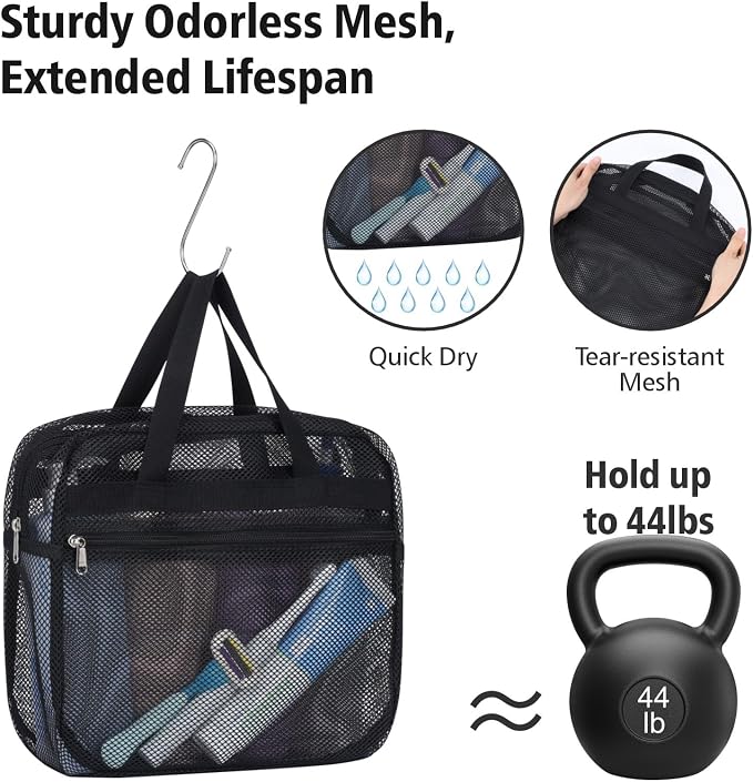 F-color Mesh Shower Caddy Portable with Zipper -Dorm Room Essentials for Guys Girls with S Hook, Shower Bag Basket Tote for College Camping Toiletry Bathroom, Black - Image 5
