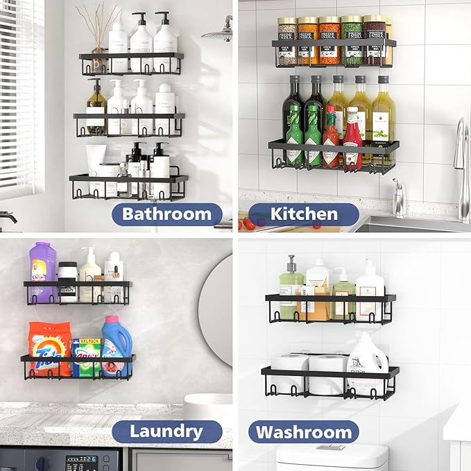 Liuoud 10 Pack Shower Caddy Organizer Rack Shelf for Inside Shower, Self Adhesive Wall Storage Basket Rustproof Stainless Steel Shampoo Holder Bathroom Accessory Decor Set, Black - Image 4