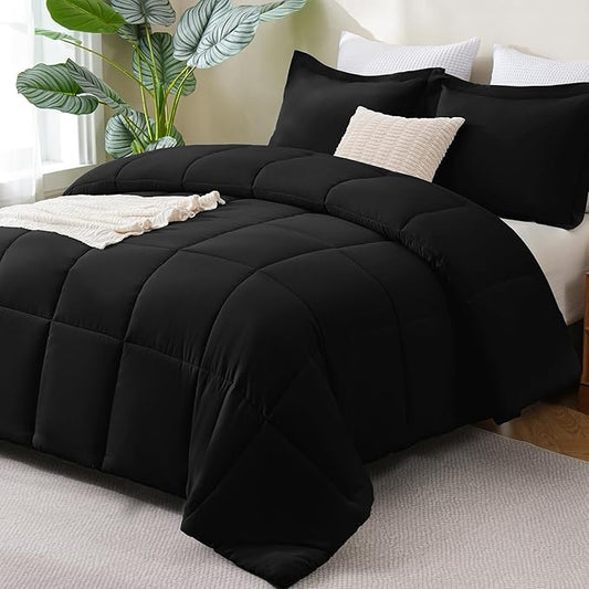 CozyLux Oversized Queen Comforter Set, 3 Pieces Black 98x98 Box Stitched Design Soft Bedding Set, All Season Lightweight Breathable Bed Set with 1 Down Alternative Comforter and 2 Pillow Shams