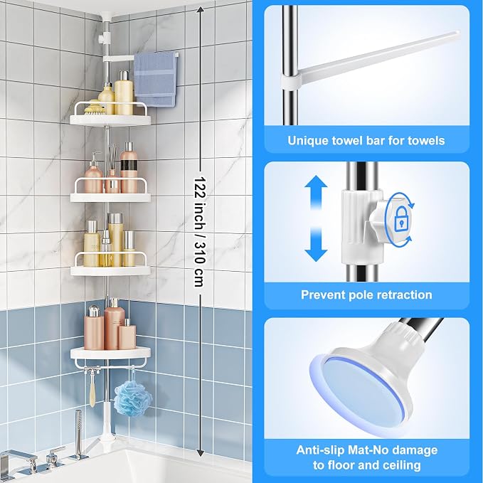 HAMITOR Corner Shower Caddy Tension Pole: Adjustable Stainless Steel Shower Organizer with 4 Tier Shelf for Bathroom Bathtub Tub Shampoo - Floor Standing Rack Bath Storage Holder with Rust Proof Rods - Image 5