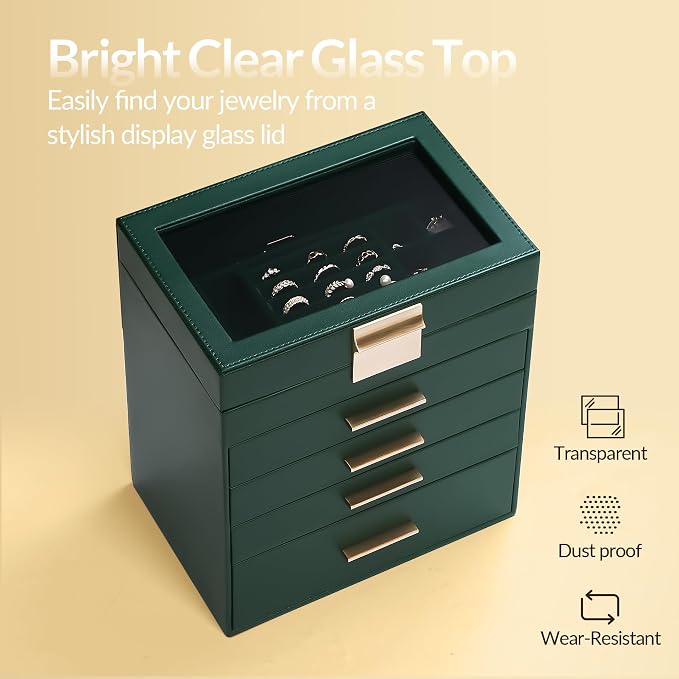 Somduy Jewelry Box, 5 Layers Jewelry Storage Display Box with Glass Lid for Women, 4 Drawers,Large Capacity for Necklace Earrings Bracelets Rings, Green - Image 3