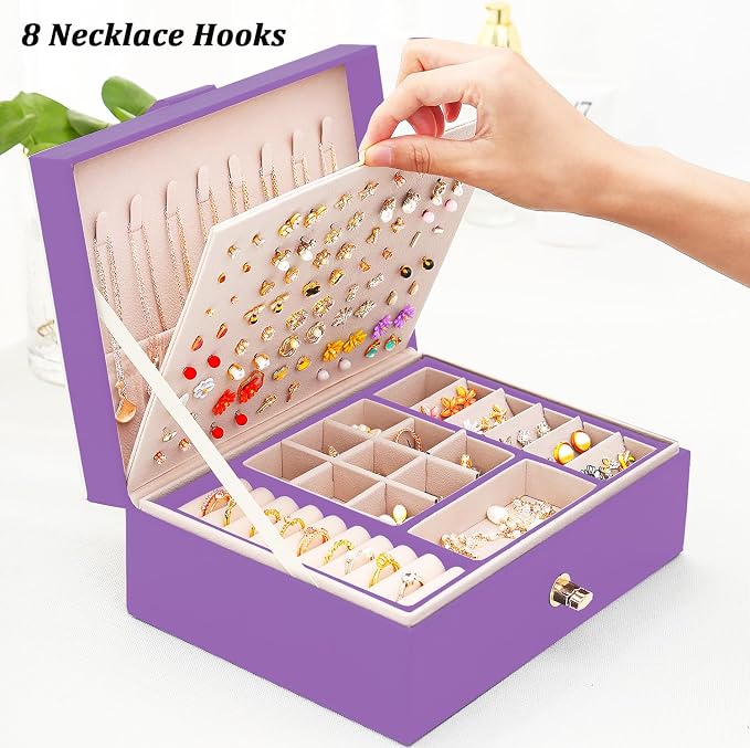 Earrings Jewelry Box for Girls, Large Capacity Jewelry Organizer with 40-Pair Earring Board, 2-Layer Leather Jewelry Storage Box for Necklaces Rings Bracelets with Removable Tray(Gift Idea),Purple - Image 7