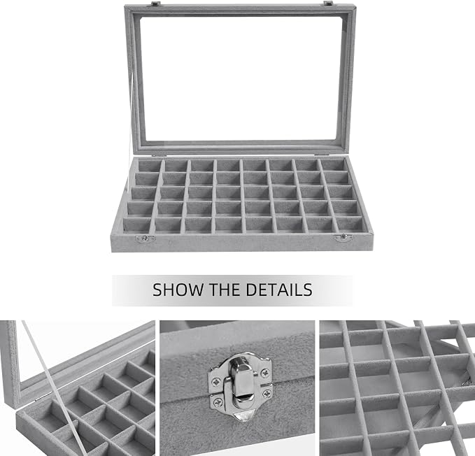 Stratalife Jewelry Organizer 40 Grid Jewelry Tray with Lid Dust-proof Velvet Earring Organizer Ring Holder Necklaces Earrings Storage Drawer Accessories Box for Women Gray - Image 2