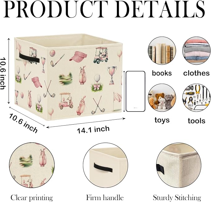 Pink Bow Golf Storage Bin Box with Handles, Golfers Golf Lovers Gifts Foldable Baskets Organizer for Girls Room Nursery Bathroom Home Sports Room Clothes Toys Books, Toybox for Girls - Image 2