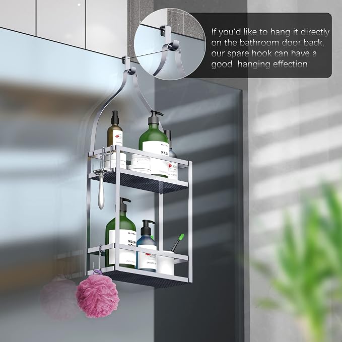 Meangood Shower Caddy, Silver Hanging Shower Caddy Organizer 10.4" x 4.5" x 22.04" Over Shower Head Big Capacity for Shampoo, Conditioner with Hooks for Razor/Sponge - Image 2
