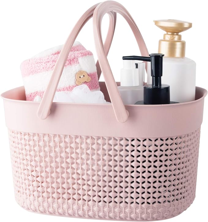 rejomiik Portable Shower Caddy Basket, Plastic Organizer Storage Tote with Handles Toiletry Bag Bin Box for Bathroom, College Dorm Room Essentials, Kitchen, Camp, Gym, Pink by rejomiik