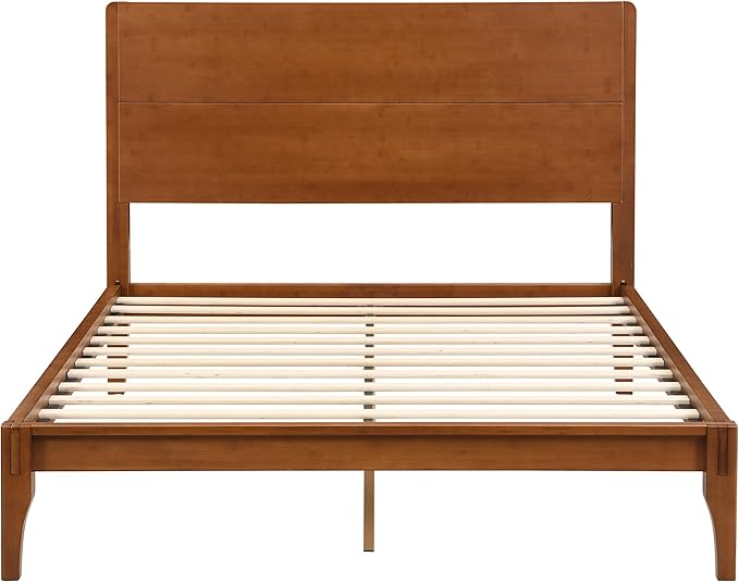 Merax Full Size Bamboo Platform Bed, Mid-Century Modern Bed Frame with Tall Headboard, Solid Sustainable Bedframe Full-Size, Wood Slat Support, No Box Spring Needed, Easy Assembly, Noise Free, Brown