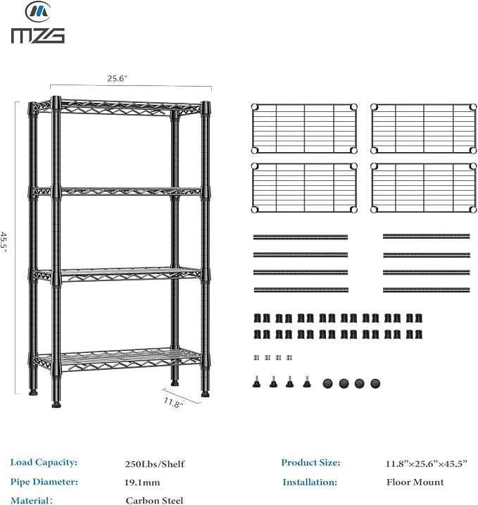 M MZG 1000 lbs 4 Tier Shelf Metal Storage Shelves Wire Rack Closet Organizers for Garage Kitchen Bathroom Laundry Black 11.8" D x 25.6" W x 45.5" H - Image 3