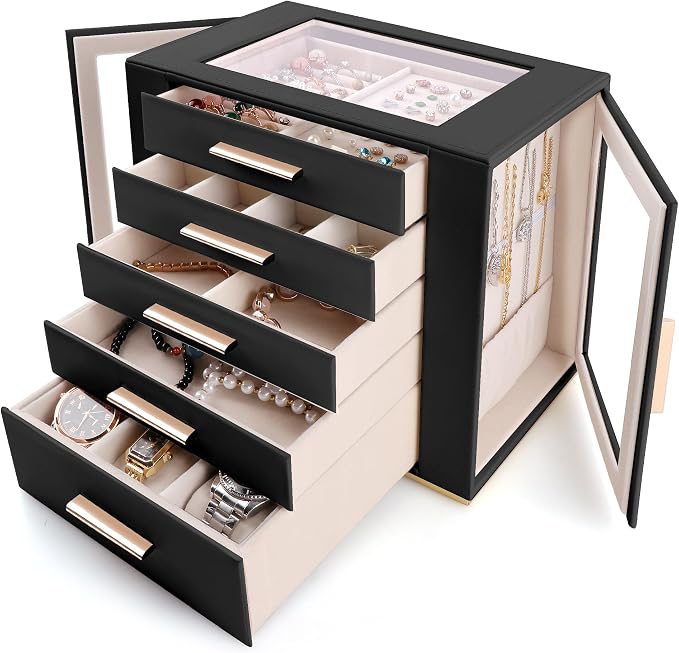 Homeanda Jewelry Box for Women with Glass Lid, 5 Drawers Jewelry Organizer and Storage for Necklaces, Rings, Earrings, Bracelets, Gift for Girls and Teens,PU Leather (Black) by Homeanda