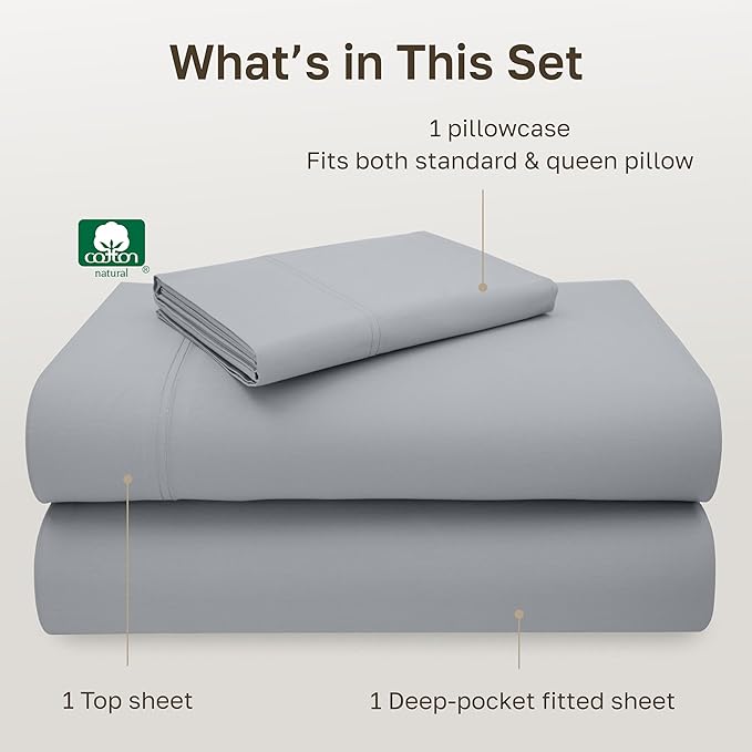 California Design Den Twin Sheet Set - 100% Cotton, Luxury 600 Thread Count Deep Pocket Twin Sheets, Soft Durable Bedding with Sateen Weave - Light Grey