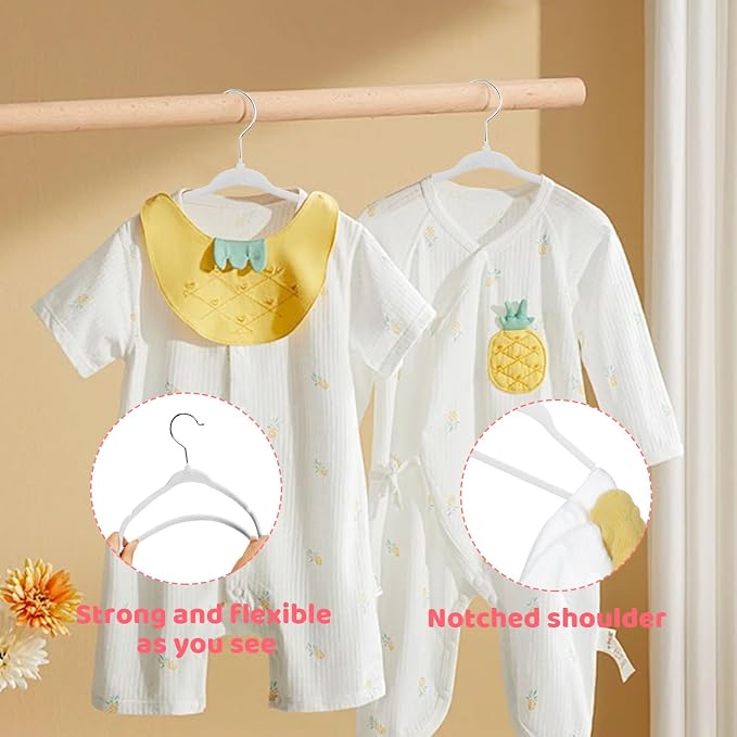 ManGotree 11" Baby Velvet Hangers, Non-Slip Infant Coat Hangers, Ultra-Thin Toddler Felt Hanger with 360° Swivel Hook, Space Saving Children's Hanger for Kids Clothes, 48 Pack (White) - Image 4