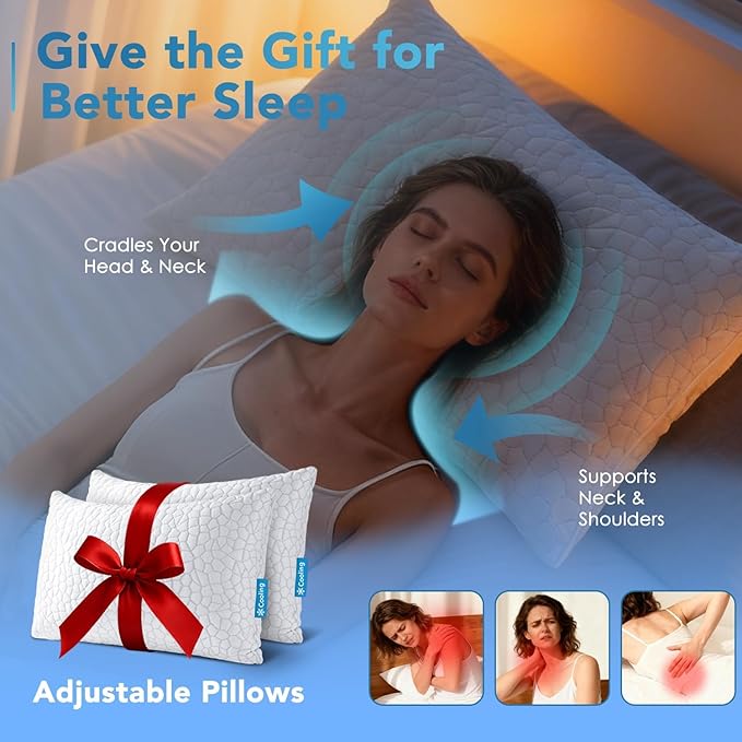 QUTOOL Cooling Pillow for Sleeping, CertiPUR-US Shredded Memory Foam Queen Pillows Set of 2, Cool Pillow for Hot Sleepers Adjustable Firm Pillow for Side, Back, Stomach Sleepers Soft Yet Support,White