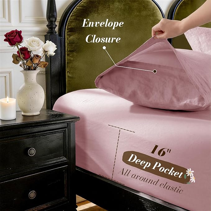 SONORO KATE 100% French Pure Linen Sheets, Breathable and Durable Linen Full Size Sheets, Anti-Tear Linen Bed Sheets, Machine Washable, 16 Inch Deep Pocket - 4 Piece (Embroidery Purple, Full)