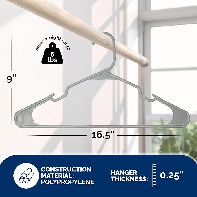 Closetselect Plastic Hangers 50 Pack - Space Saving Clothes Hangers, Made in USA, Durable & Strong Plastic Shirt & Coat Hanger with Notches & Shoulder Grooves, Non-Slip Clothing Hangers | Silver Hail - Image 3