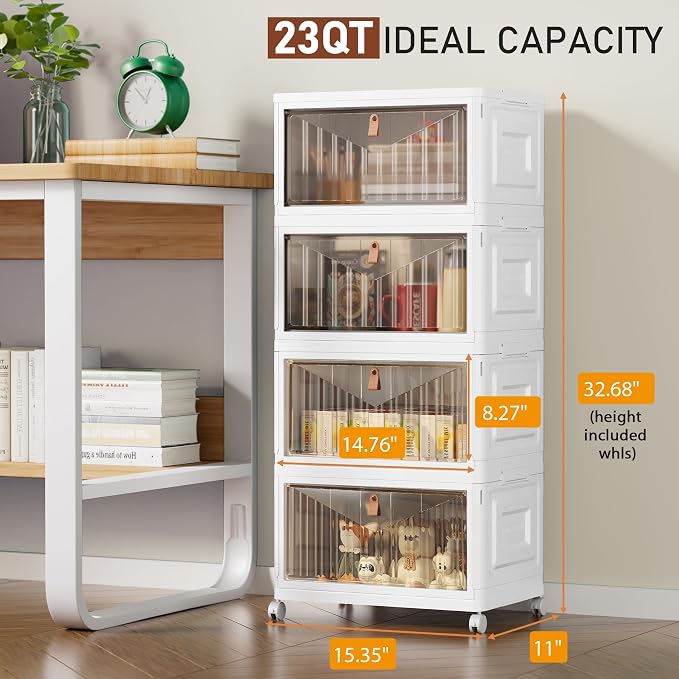 4 Tier Storage Bins with Lids, 23QT Stackable Closet Organizers and Storage with Wheels, Collapsible Storage Boxes, Foldable Plastic Storage Containers for Home,Office, Dorm Room-White - Image 2