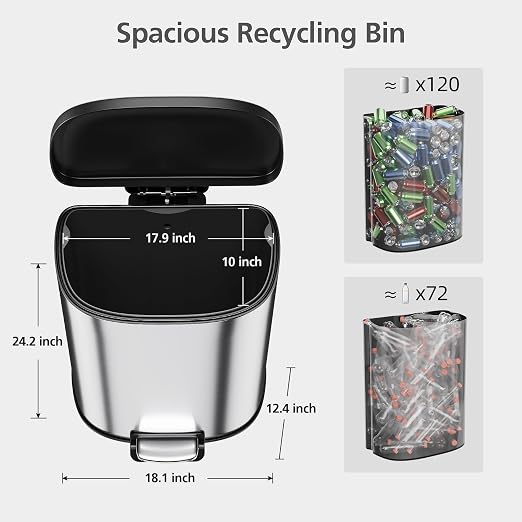 Garvee Stainless Steel Trash Can, 50 L/13 gal Hands Free Garbage Can with Soft Close Lid and Foot Pedal, Metal Kitchen Waste Bin with Inner Bucket for Living Room, Office, D Shape, Silver - Image 6