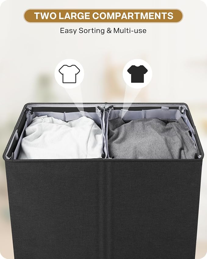 SOLEDI Double Laundry Hamper with Lid, 130L Clothes Hamper 2 Section, Laundry Basket with Removable bag, Bed room decor aesthetic, laundry room organization, Home and dorm room essentials - Image 4