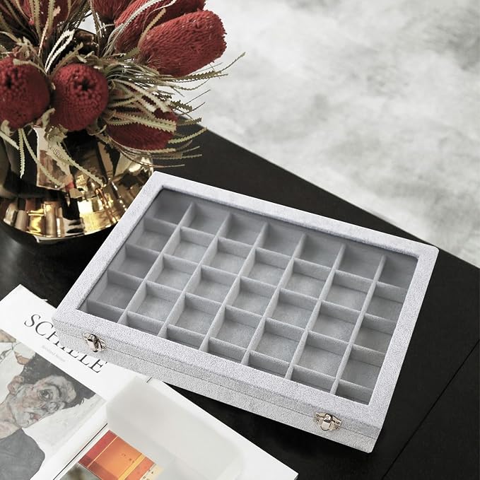 Jewelry Tray 35 Grid Velvet Jewelry Organizer with Clear Lid Transparent Earring Bracelet Organizer Holder Case with Clasp Drawer Insert for Rings Studs Gift for Women Girls - Image 6
