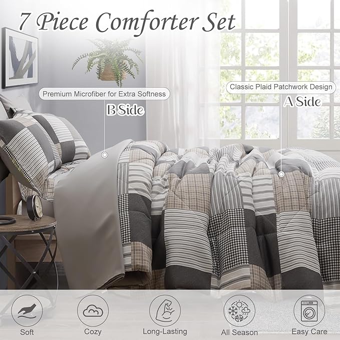 Comforter Set Queen Size Plaid Patchwork Comforter Bedding-7 Piece Bed in a Bag,Soft Fluffy Reversible Microfiber Bedding Set(1 Comforter,1 Flat Sheet,1 Fitted Sheet,2 Pillowcases,2 Pillow Shams),Grey