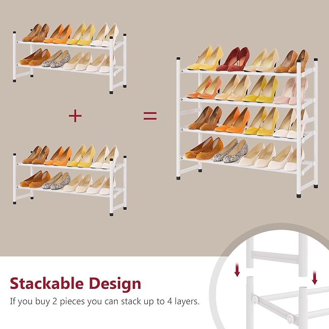 Tajsoon Expandable Shoe Rack for Closet 2 Tier, 28“-41“ Adjustable & Stackable Shoe Shelf Storage, Metal Shoe Rack Organizer for Front Door Entrance, Closet, Garage, Entryway, White - Image 6