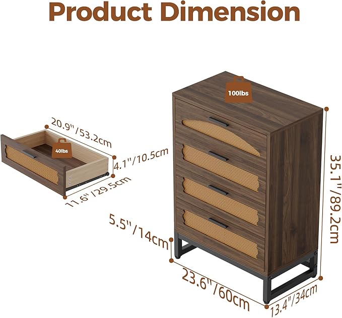 Mericonia 4 Drawer Rattan Dresser for Bedroom, Wood Tall Dresser for Closet with Metal Handles, Boho Nightstand Sets, Dressers & Chests of Drawers for Bedroom, Hallway and Entryway, Walnut