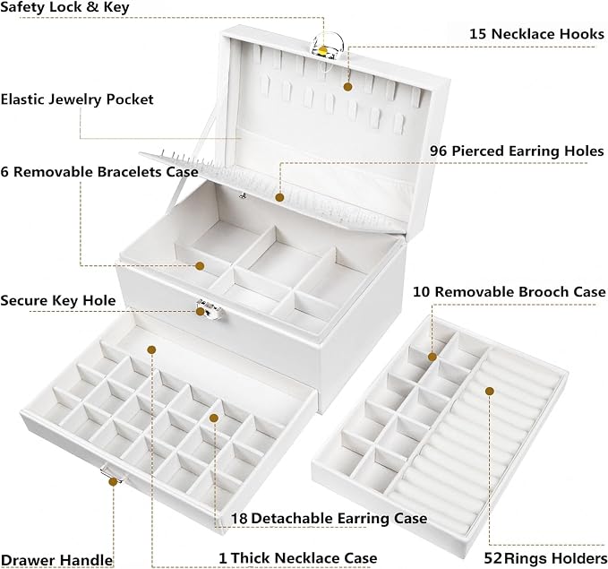 QBestry Earring Jewelry Box for Women Girls Stud Organizers, 5 Layers White Jewelry Organizer Box with Lock Necklaces and Earrings Holder Jewelry Box with Earring Organizer for Women Girls Xmas Gifts - Image 7