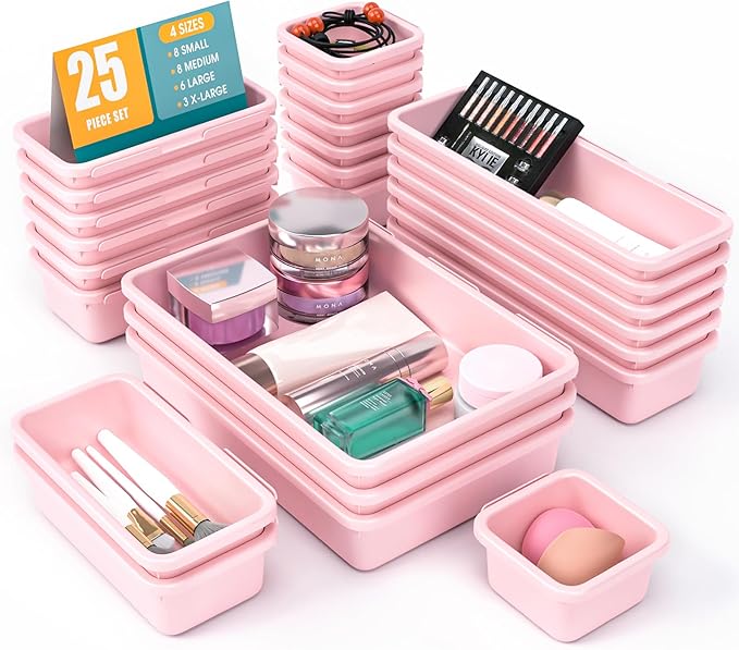 25 PCS Drawer Organizer Set, 4 Size Makeup Drawer Divider Organizer With Non-Slip Pads, Interlocking Plastic Storage Bins for Office,Jewelry Vanity,Gadgets, Bathroom,Kitchen, Pink by StoreHappily