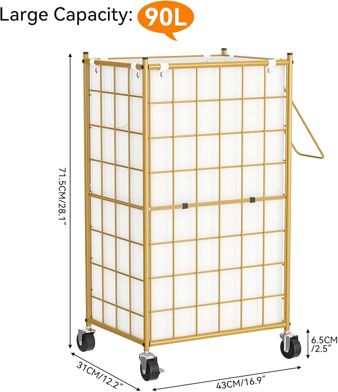 WOWLIVE Laundry Hamper with Wheels,Metal Wire Frame Rolling Laundry Basket with Removable bag,100L Dirty Clothes Hamper Organizer Dorm Room Storage for Bedroom,Bathroom,Golden - Image 2