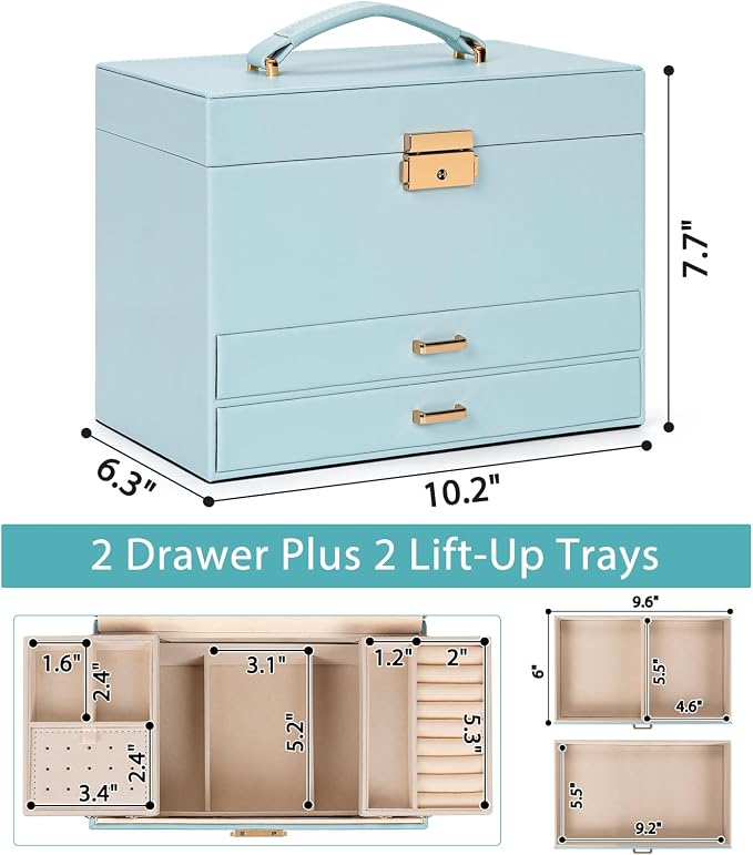 AKOZLIN Travel Jewelry Box Organizer Functional 2-trays Leather Jewelry Storage Case with Lockable Portable 2 Drawers for Women Girls Ring Necklace Earring Bracelet - Image 5