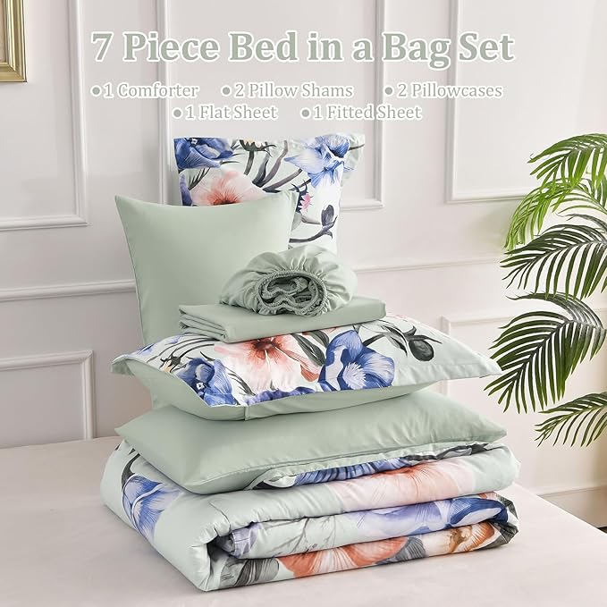 Luxudecor Floral Comforter Set King Size 7 Piece, Green Flower Bed in a Bag, Elegant Comforter Bedding Set for All Season (Green, 104"x90")