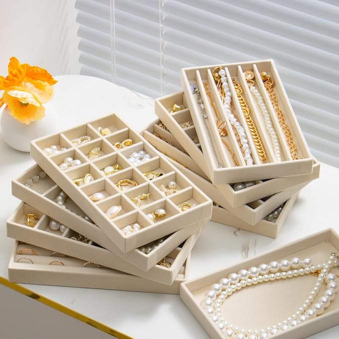 Stackable Jewelry Organizer Trays Set of 9, Small Velvet Jewelry Organizers Earring Necklace Ring Bracelet Display Case Storage for Drawer Dresser (Beige) - Image 7