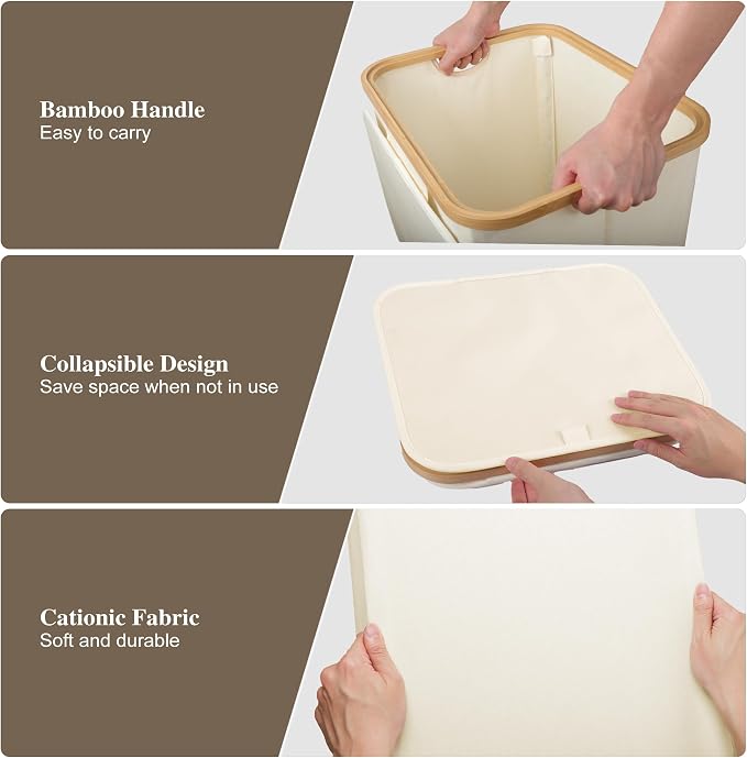 Foluck Large Laundry Hamper, 75L Waterproof Laundry Basket with Lid and Removable Bag, Collapsible Tall Clothes Hamper with Bamboo Handles for Clothes Toys in Dorm Bedroom Bathroom, Beige - Image 6