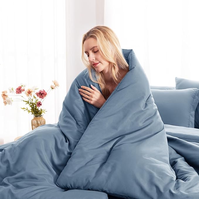 CozyLux Queen Comforter Set Grayish Blue, 7 Pieces Bed in a Bag Queen Comforter Set with Sheets, Bedding Sets with Down Alternative Comforter, Fitted Sheets, Flat Sheets, Pillow Shams and Pillowcases