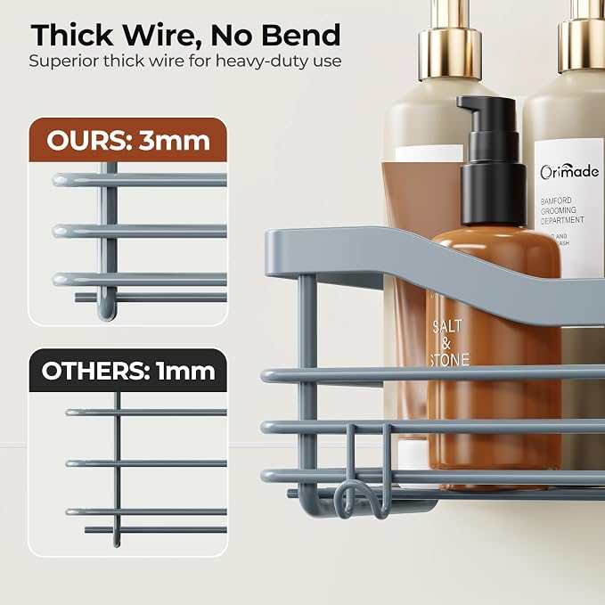 Orimade Shower Caddy Basket Shelf Storage Rack, No Drilling Wall Mounted Adhesive Rust Resistant Stainless Steel Shower Organizer with 5 Hooks for Bathroom, Light Blue Grey 2 Pack - Image 2