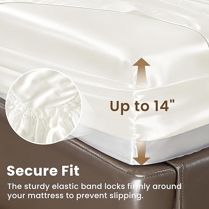 Love's cabin Satin King Sheet Sets - 4 Piece Ivory Silky Sheets King Size Bed Set with Deep Pocket, Luxury Silk Feel King Size Satin Sheet Set (1 Flat Sheet,1 Fitted Sheet,2 Pillow Cases)